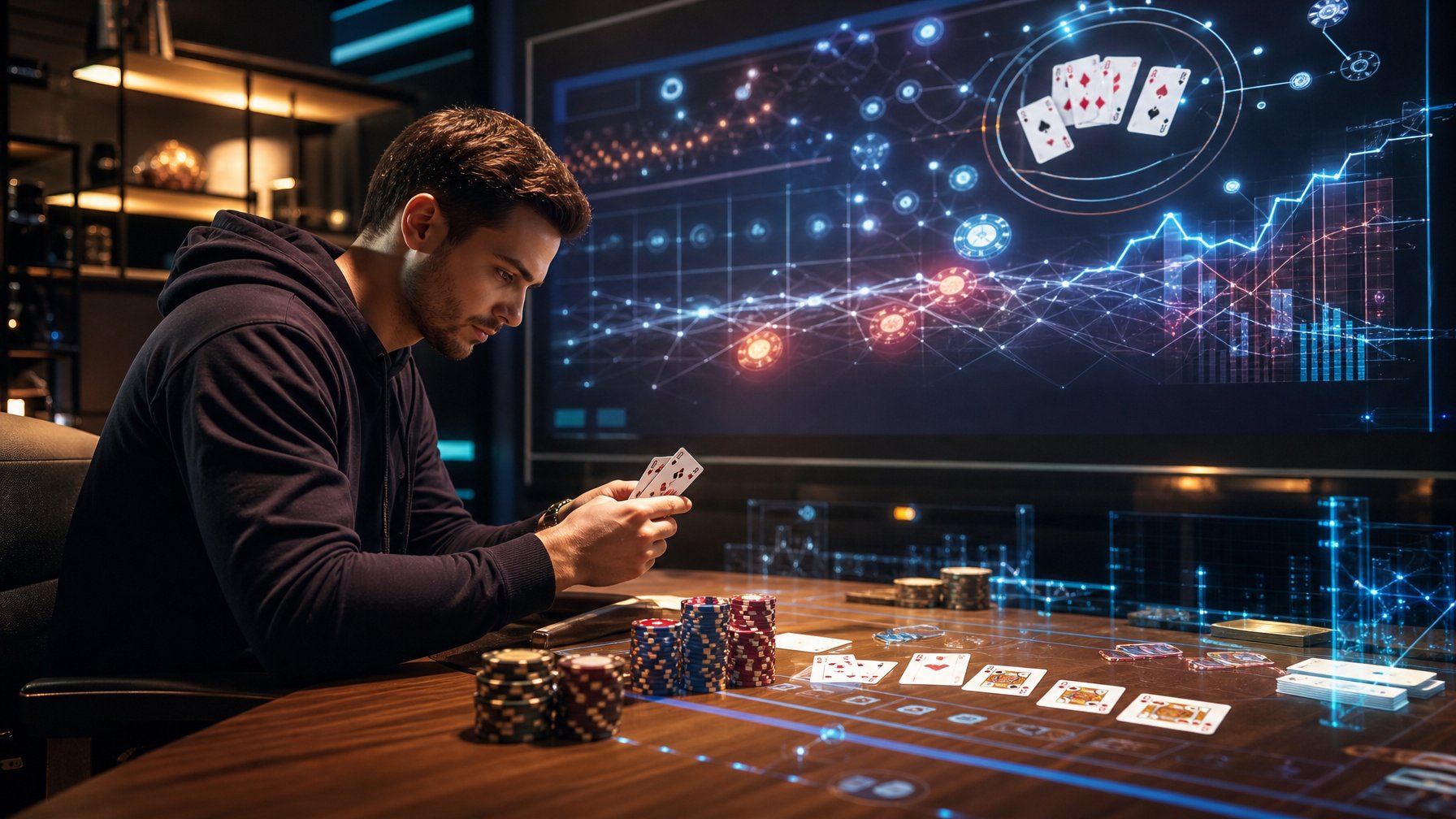 Seorang pria muda fokus bermain kartu di meja dengan kartu dan chip poker, dikelilingi oleh layar digital yang menampilkan pola dan grafik strategi permainan.