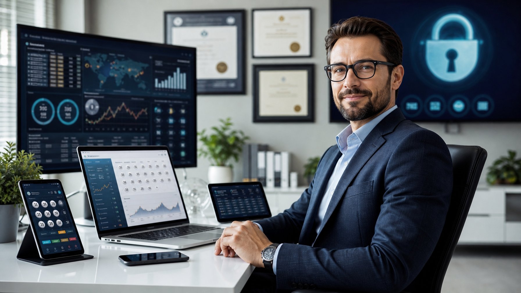 Seorang profesional duduk di meja kerja dengan beberapa perangkat digital yang menampilkan data pasar lotere, di ruang kantor modern yang menunjukkan suasana terpercaya dan resmi.