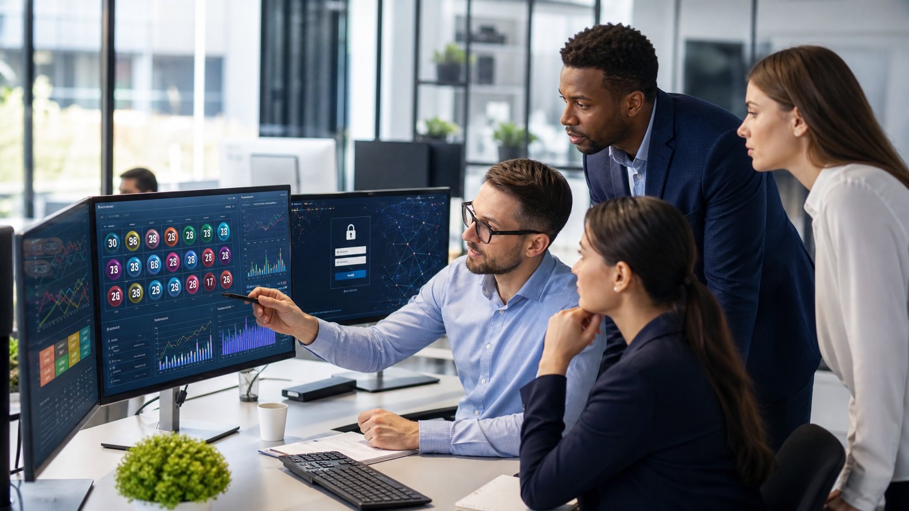 Sekelompok profesional sedang bekerja bersama di kantor modern dengan layar komputer menampilkan data dan grafik terkait lotere.