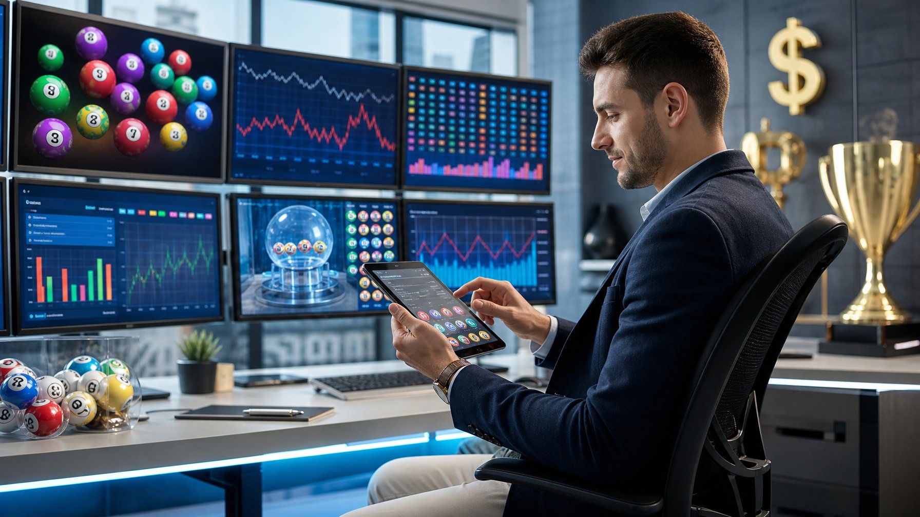 Seseorang sedang menggunakan perangkat digital di meja kerja dengan beberapa layar menampilkan data dan grafik terkait permainan lotere dan taruhan.