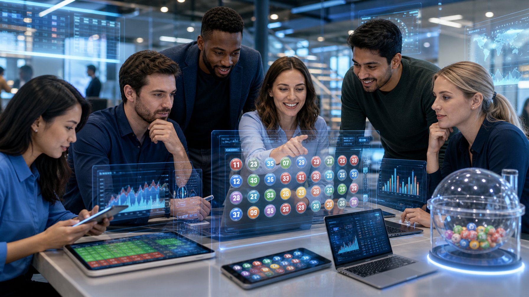 Sekelompok orang sedang menggunakan perangkat digital untuk melihat angka dan data lotre di sebuah ruang kantor modern.