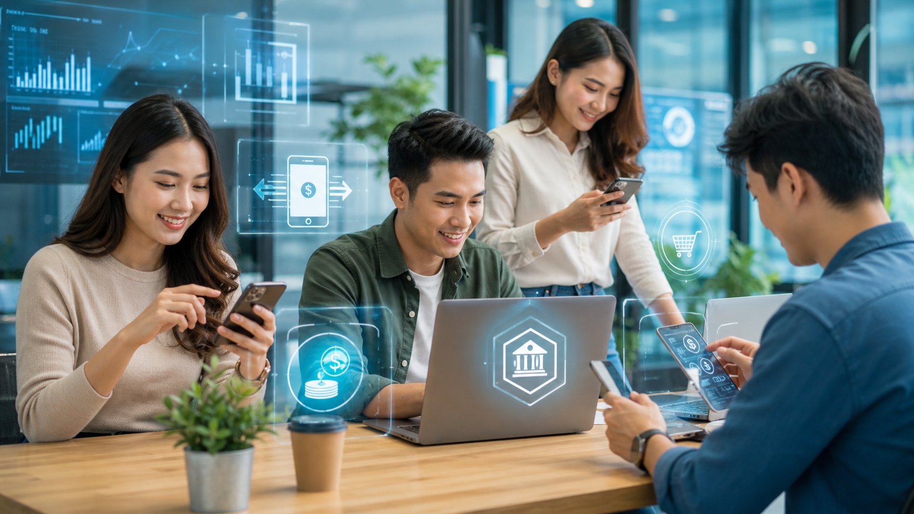 Sekelompok orang muda menggunakan perangkat digital di kantor modern untuk melakukan transaksi keuangan secara online.