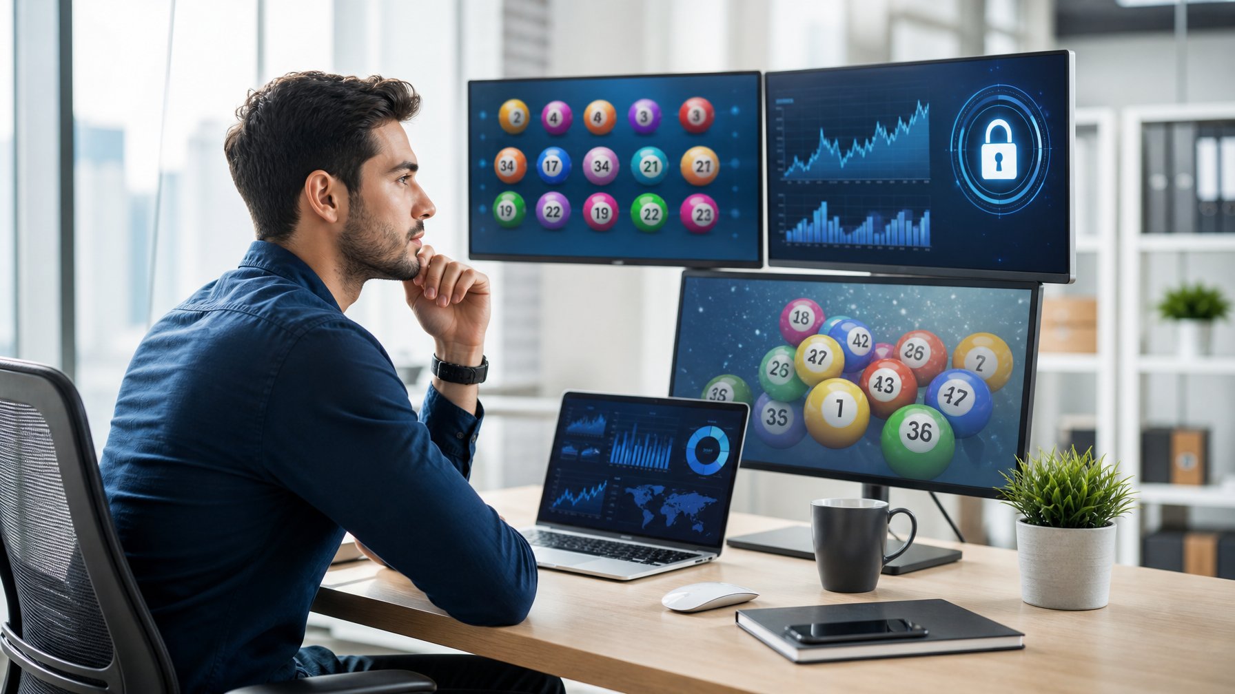 Seorang pria muda duduk di meja kantor modern sambil melihat layar komputer dengan grafik dan angka terkait togel.