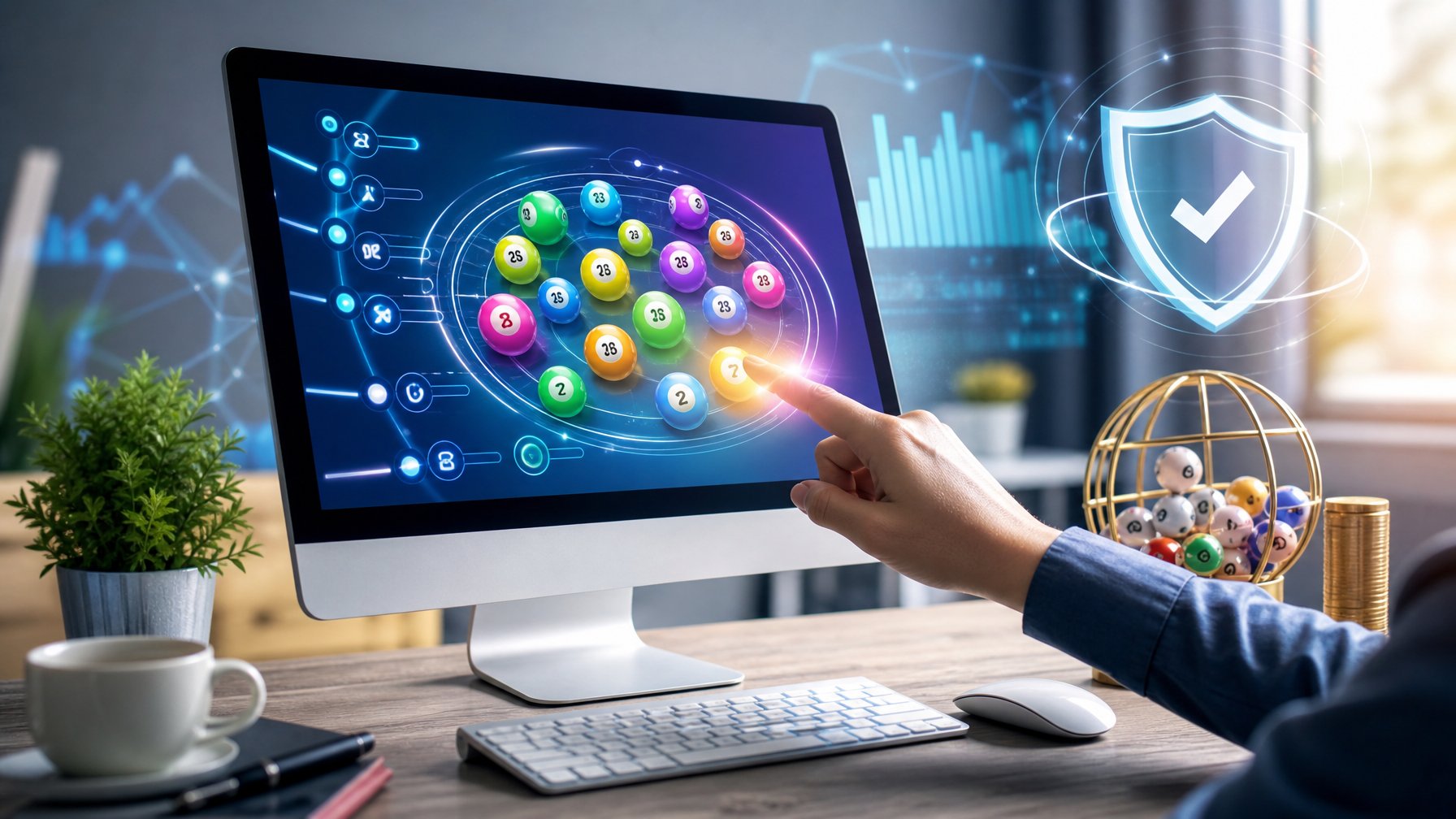 Meja kerja modern dengan komputer menampilkan antarmuka platform togel online, tangan menunjuk layar, dan simbol keamanan di latar belakang.