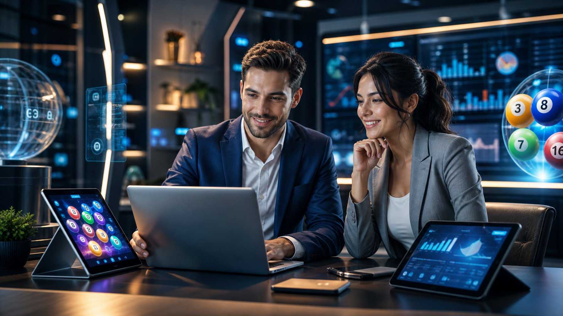 Dua orang muda sedang duduk di meja dengan perangkat digital, terlihat fokus dan antusias dalam suasana kantor modern.
