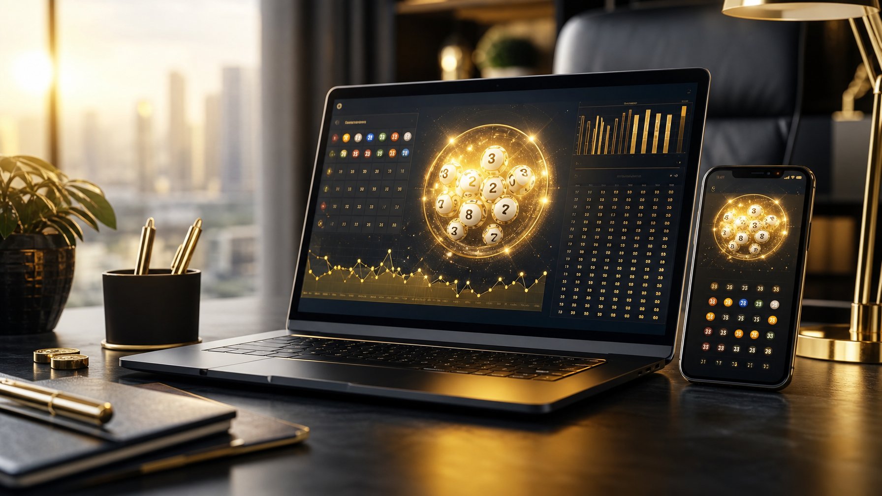 Seorang profesional menggunakan laptop dan ponsel dalam suasana kantor modern yang mewah dengan cahaya hangat, menunjukkan aktivitas terkait akun VIP togel online.