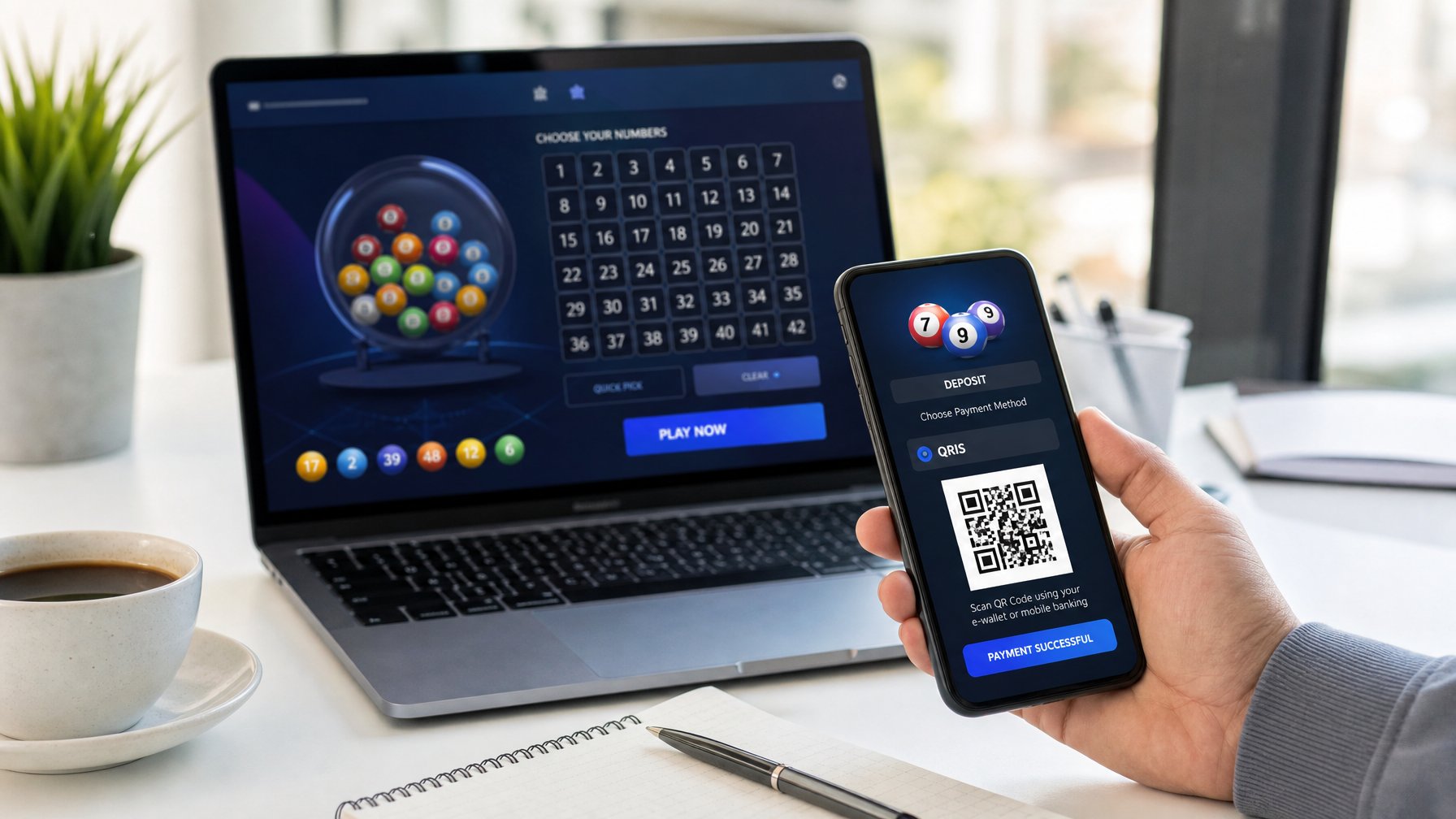 Seseorang menggunakan laptop atau smartphone untuk bermain togel online dengan metode pembayaran QRIS di meja kerja yang rapi.