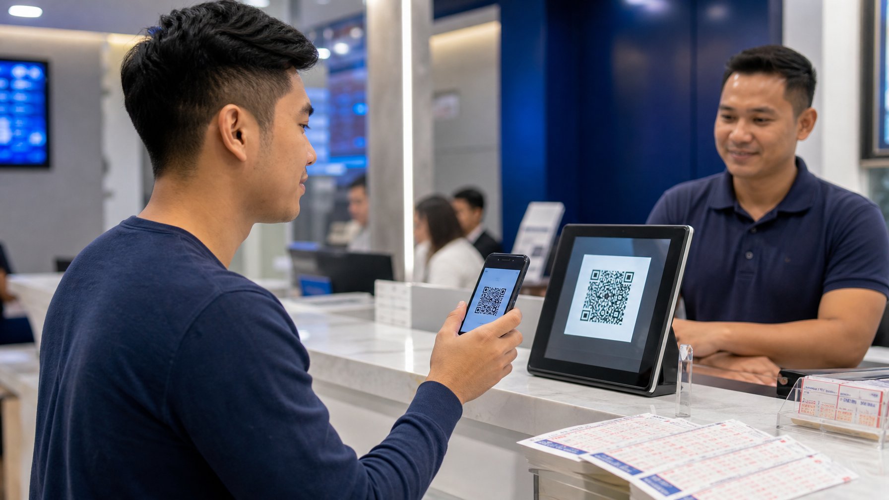 Seorang pria muda menggunakan ponsel untuk memindai kode QR pada terminal pembayaran di sebuah meja bandar togel.