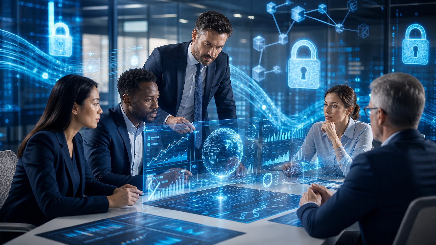 Sekelompok profesional sedang menganalisis data digital dengan layar holografik di kantor modern yang dilengkapi teknologi keamanan data.