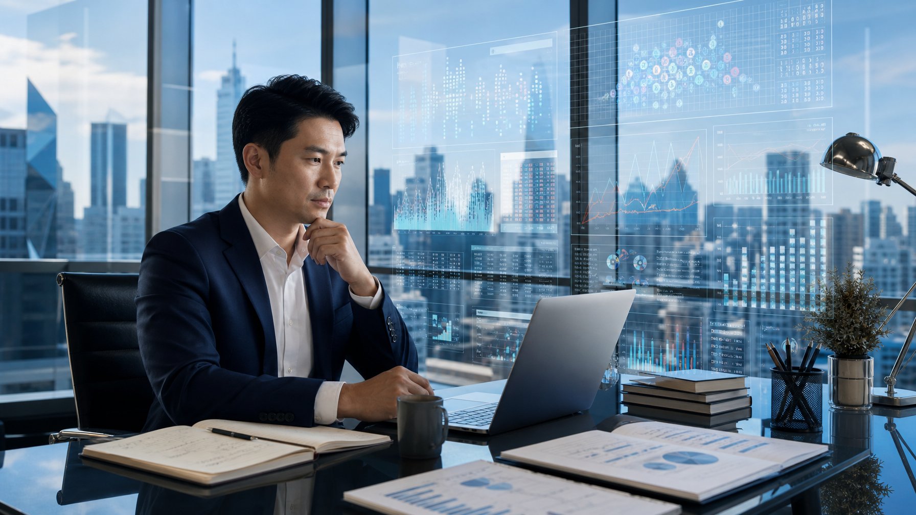 Seorang profesional sedang menganalisis data prediksi angka di kantor modern dengan pemandangan kota di latar belakang.