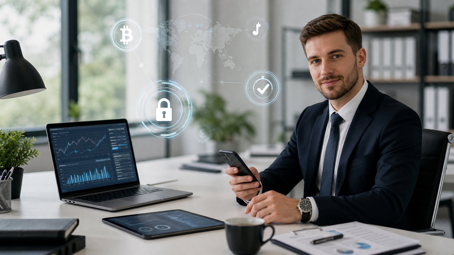 Seorang profesional di kantor modern sedang bekerja dengan perangkat digital, menunjukkan suasana kepercayaan dan pembayaran cepat.