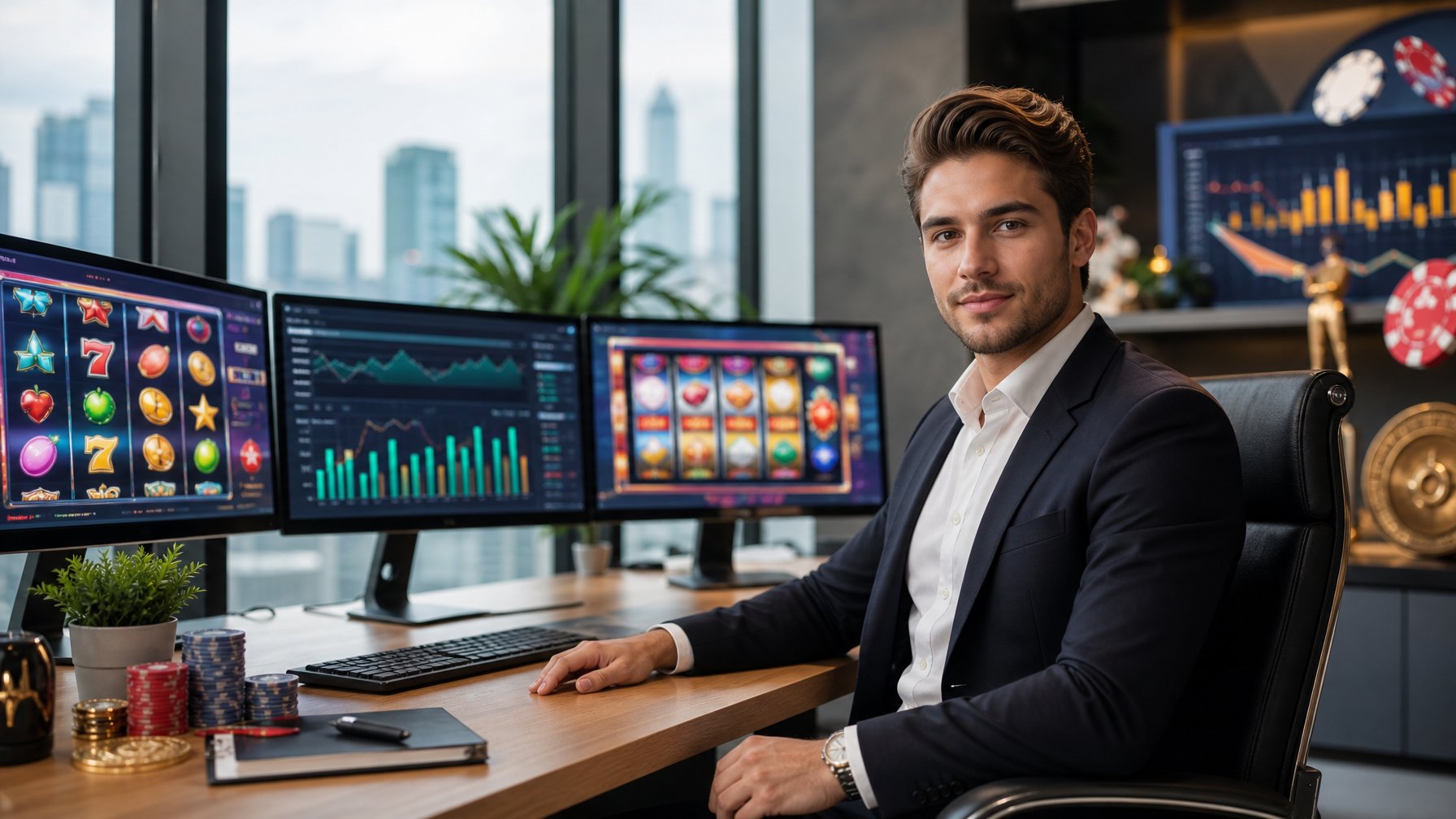 Seorang dewasa muda duduk di meja dengan beberapa layar komputer yang menampilkan grafik mesin slot dan data kemenangan tinggi dalam suasana kantor modern.