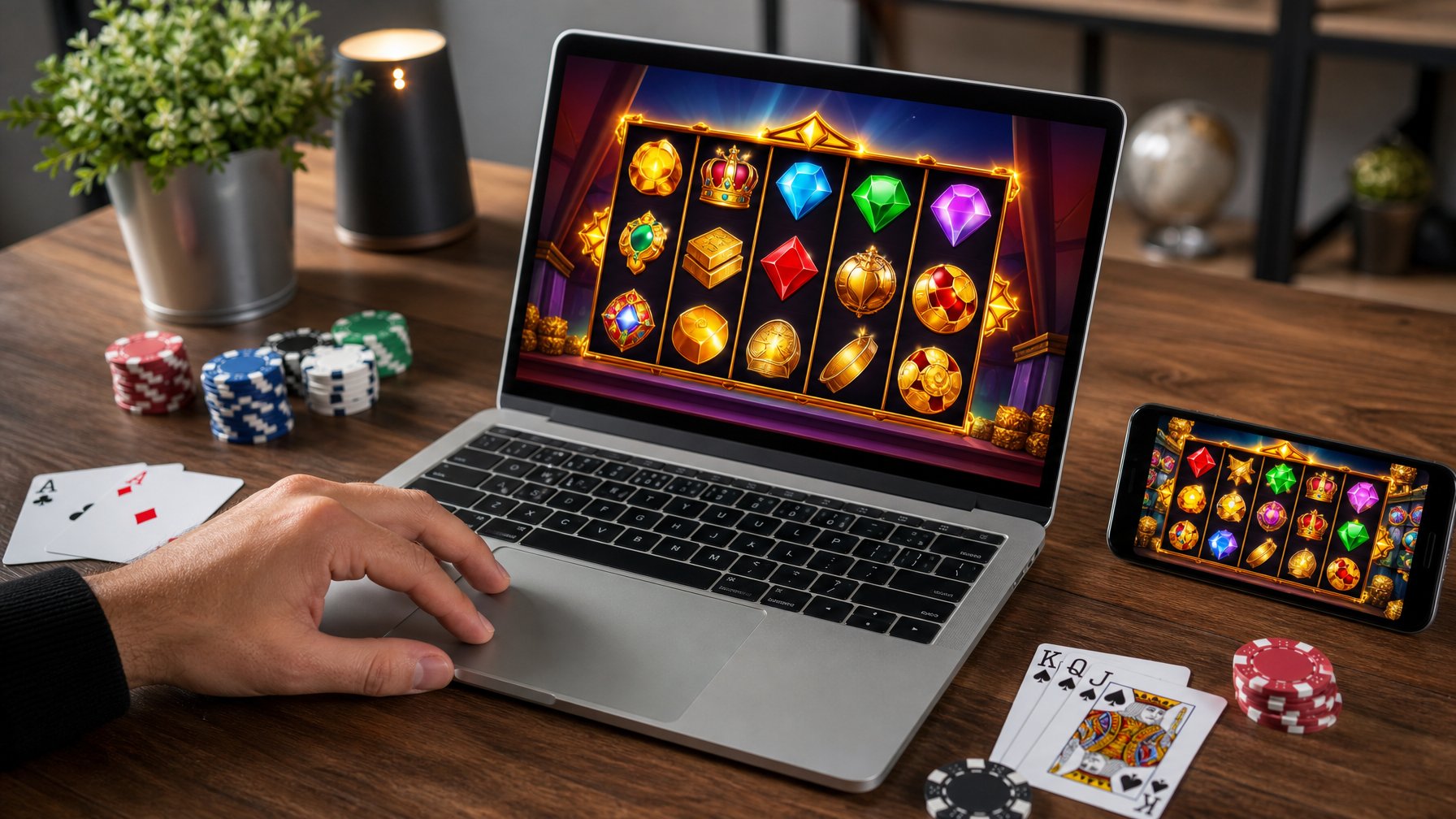 Seseorang menggunakan laptop dan ponsel untuk bermain permainan slot online dengan chip kasino dan kartu di atas meja kayu.