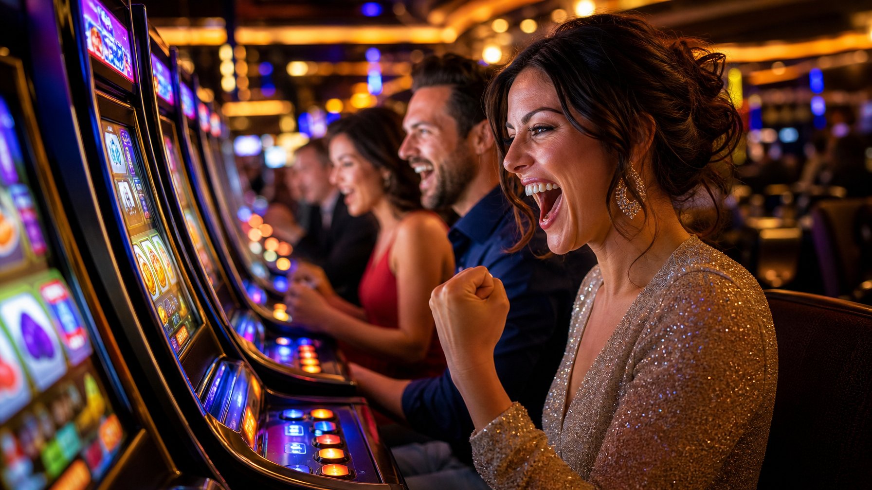 Orang-orang bermain mesin slot di dalam kasino yang terang dan ramai pada malam hari.