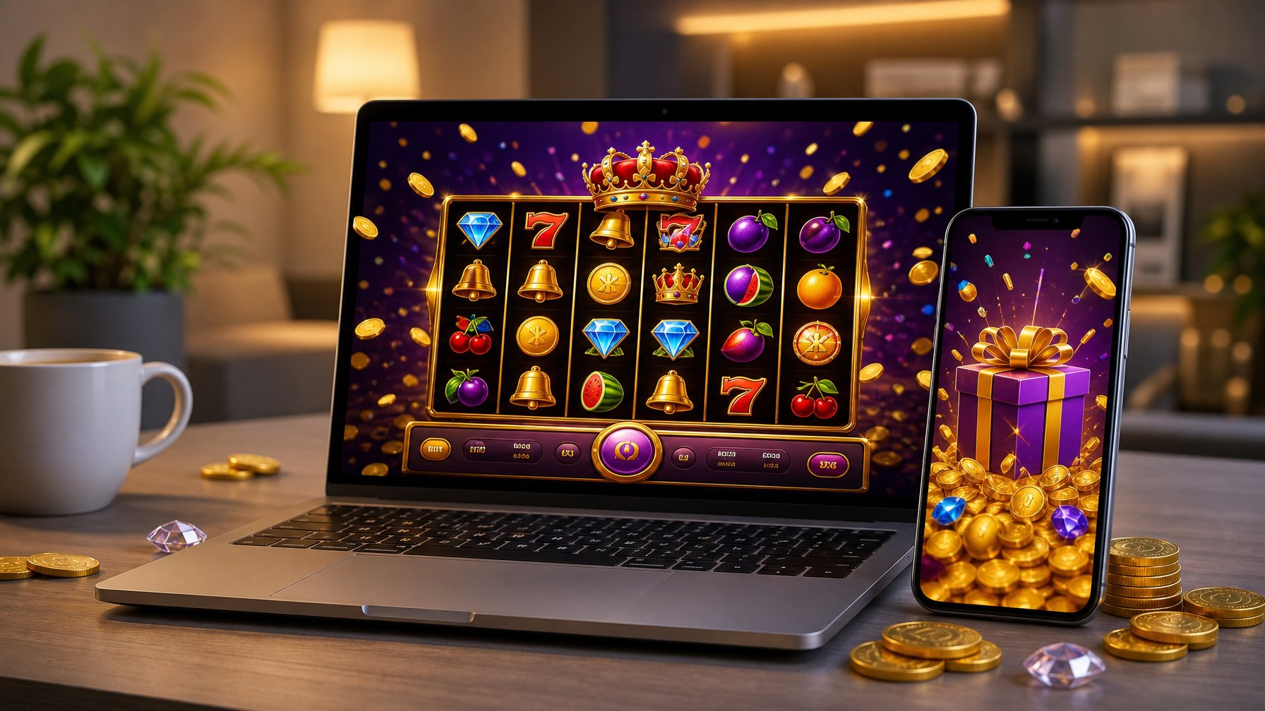 Seorang pengguna sedang bermain permainan slot online di laptop dengan ponsel di samping yang menampilkan promosi bonus anggota baru.