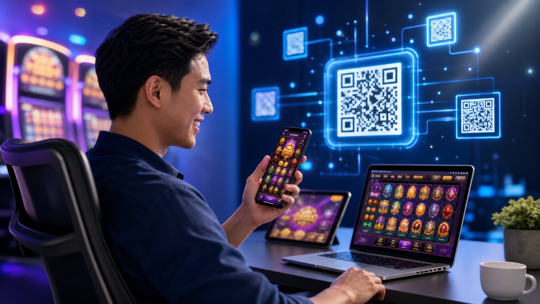 Seorang dewasa muda sedang menggunakan smartphone dan laptop dengan tampilan permainan slot dan kode QR di latar belakang.