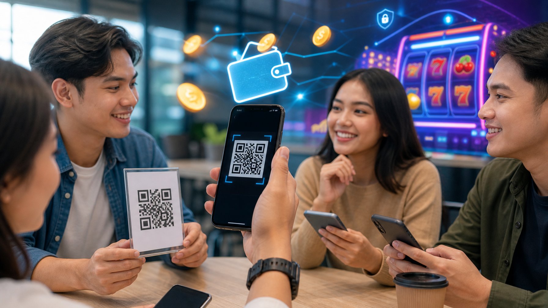 Sekelompok orang muda menggunakan ponsel untuk melakukan pembayaran digital dengan kode QR di lingkungan modern.