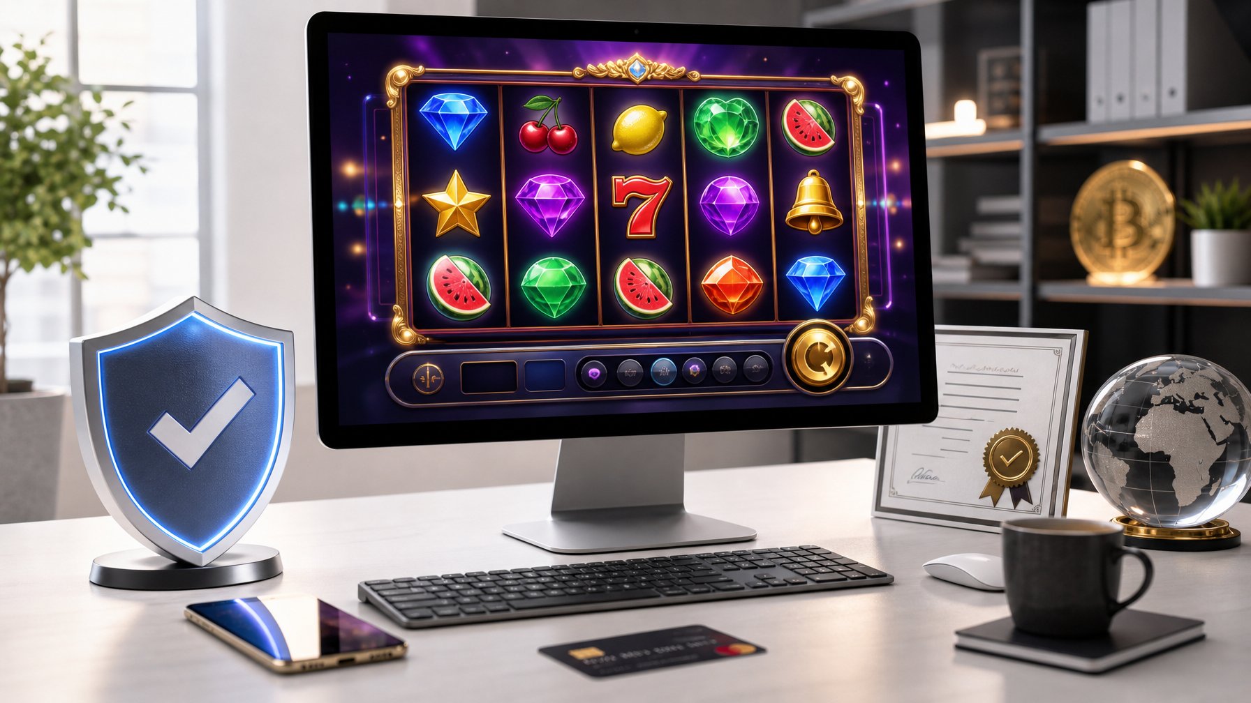 Meja kerja modern dengan monitor menampilkan permainan slot online dan simbol keamanan serta lisensi internasional.