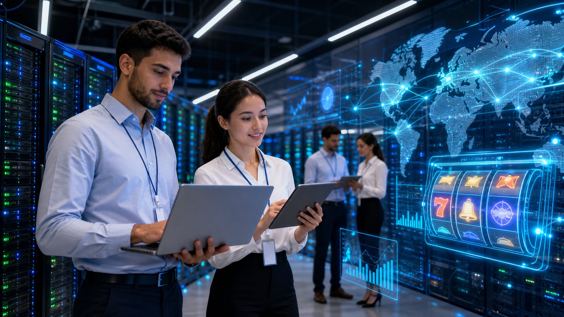 Ruangan server modern dengan beberapa profesional muda memantau perangkat teknologi canggih dan tampilan holografik slot online.
