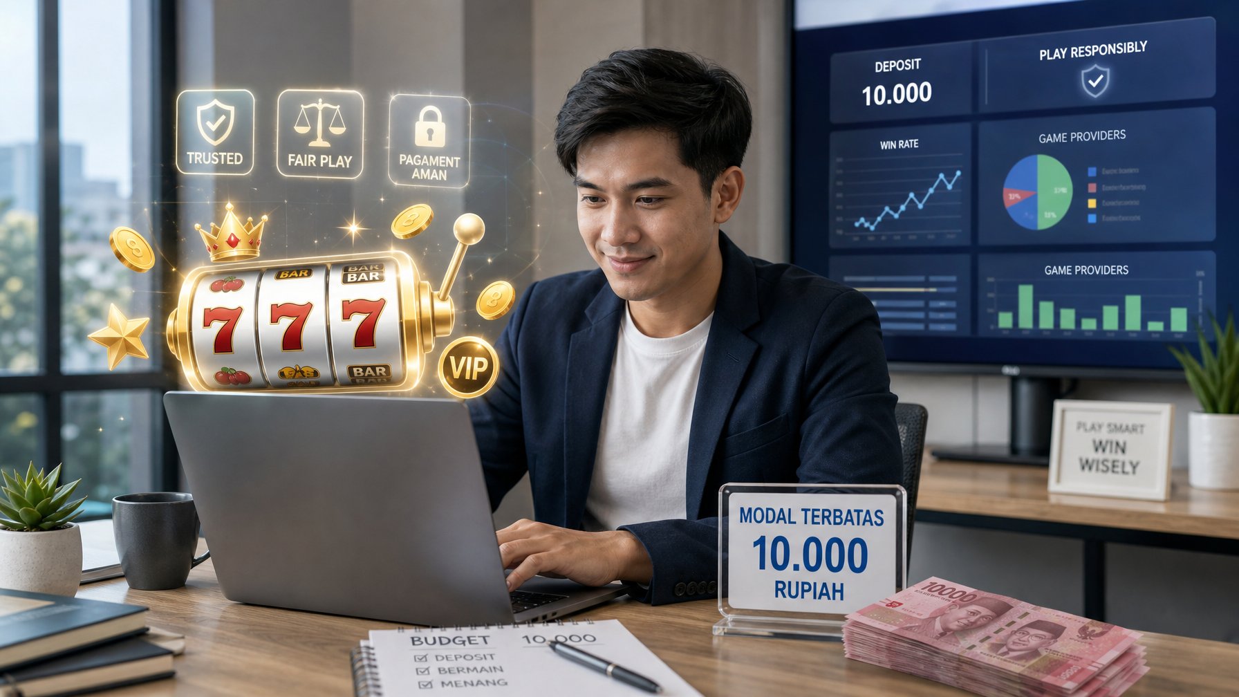 Seorang dewasa muda sedang bekerja dengan laptop di meja kantor, dikelilingi oleh simbol-simbol permainan slot online dan uang kertas 10 ribu rupiah.