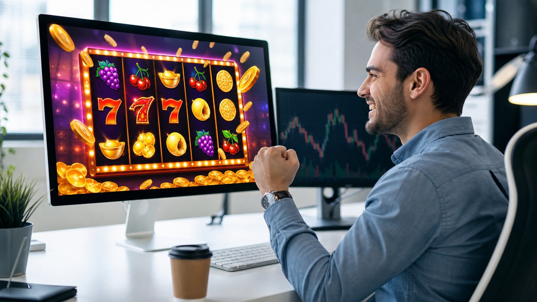 Seorang pria muda tersenyum sambil menggunakan komputer dengan layar menampilkan mesin slot warna-warni di sebuah kantor modern.