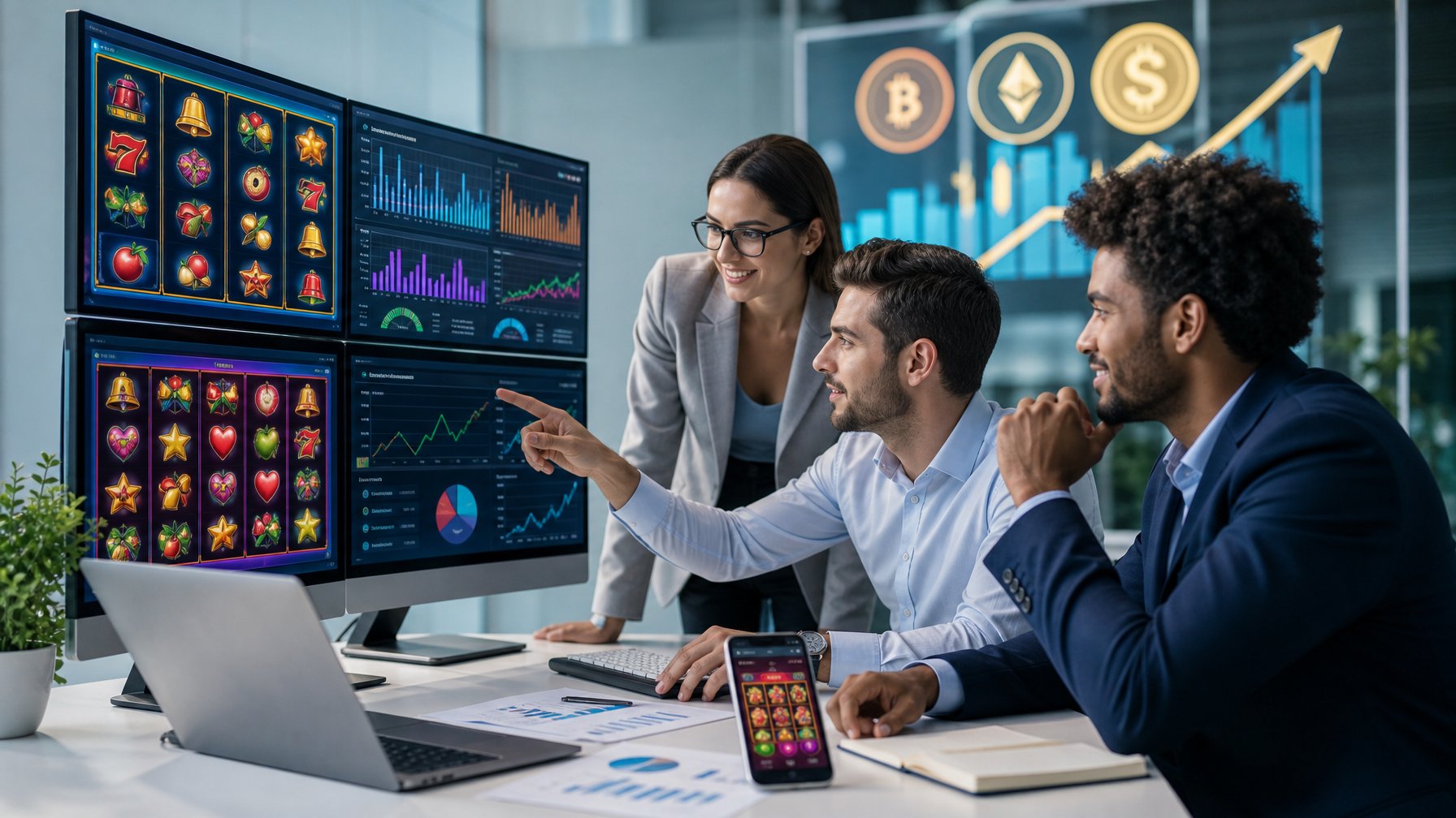 Sekelompok profesional sedang bekerja di kantor modern dengan layar komputer menampilkan grafik mesin slot dan data keuangan.