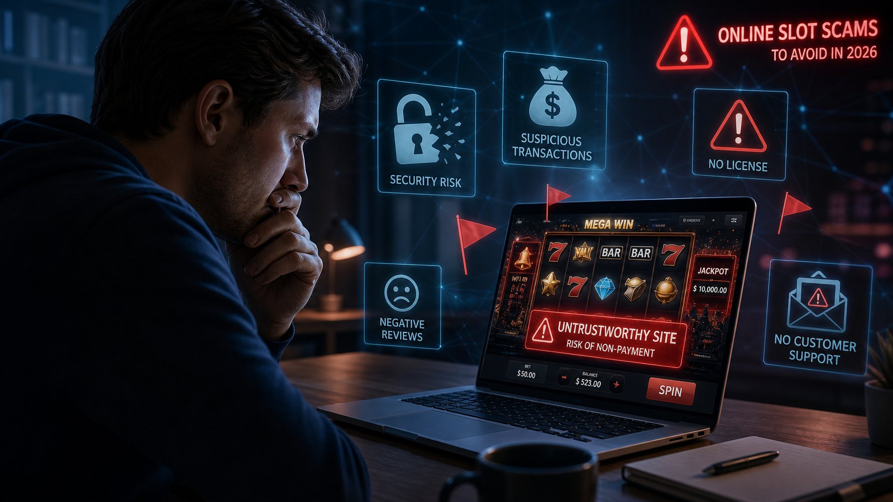 Seseorang duduk di depan laptop dengan ekspresi khawatir, layar menampilkan permainan slot online dengan tanda peringatan dan simbol bahaya.