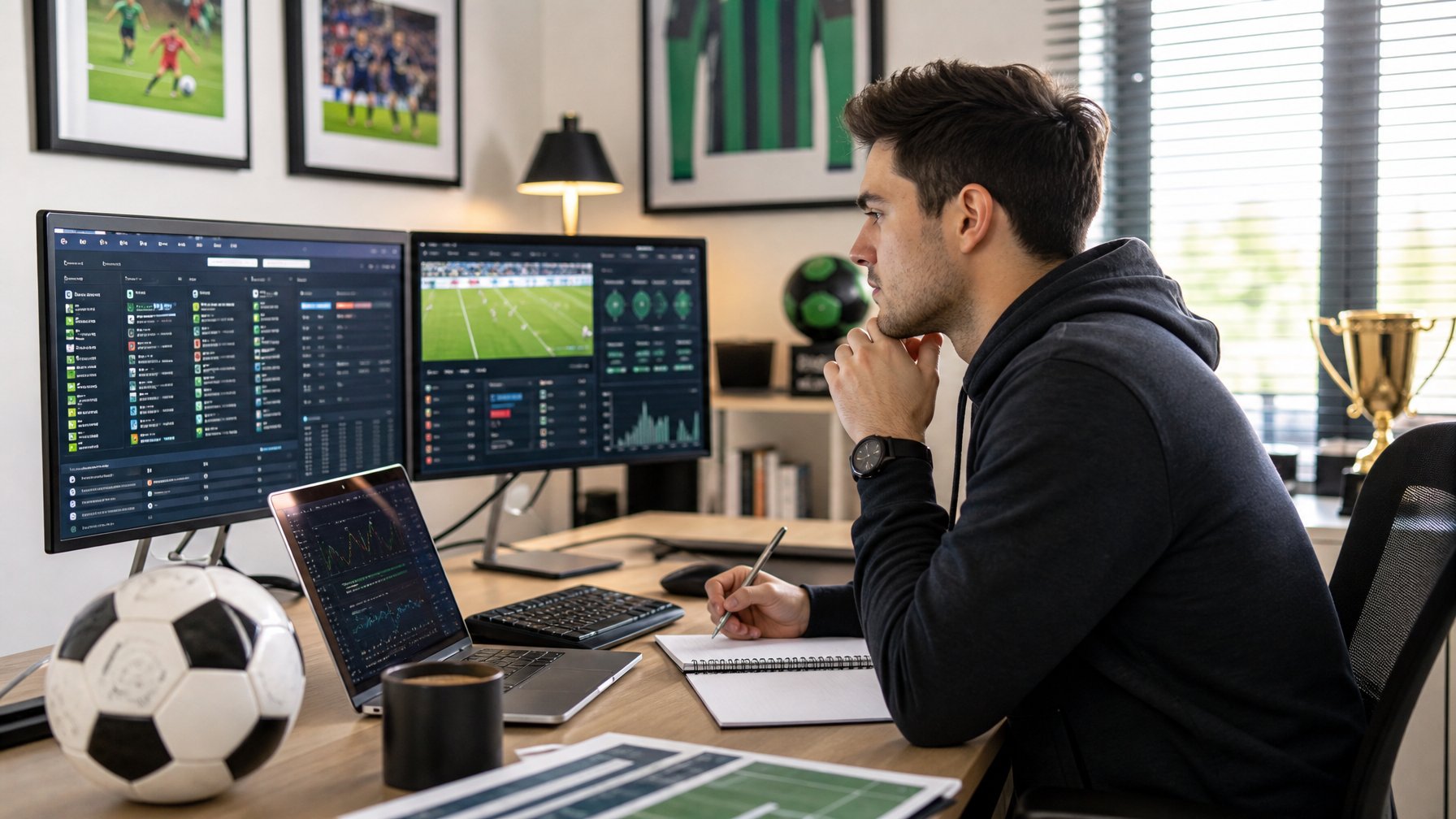 Seseorang muda sedang duduk di meja dengan beberapa layar komputer yang menampilkan situs taruhan bola dan statistik pertandingan, sambil mencatat dan menganalisis data di ruang kerja yang rapi.