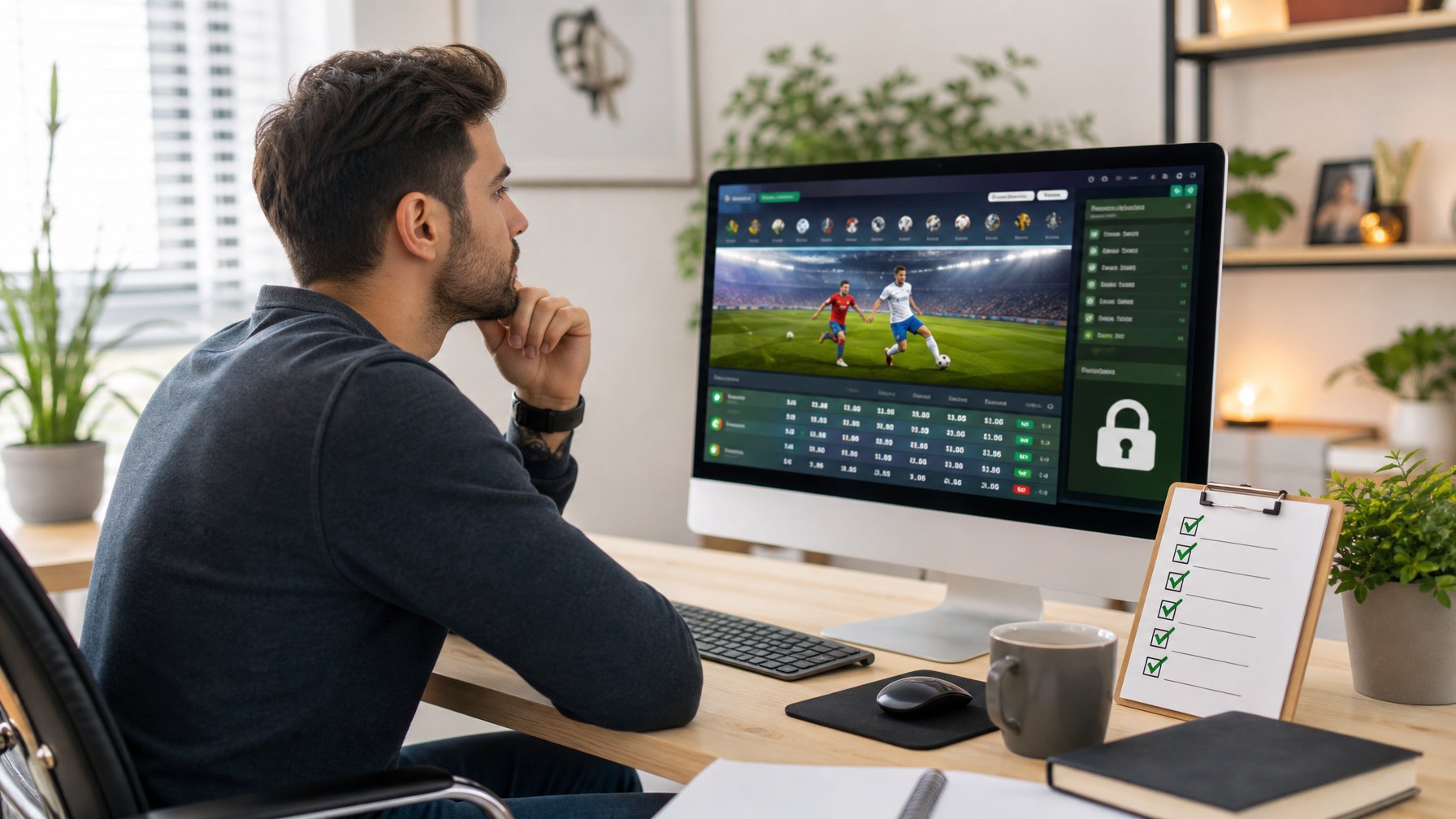 Seorang pria muda duduk di meja dengan komputer yang menampilkan situs taruhan bola, terlihat fokus dan serius dalam memilih platform taruhan online yang aman.