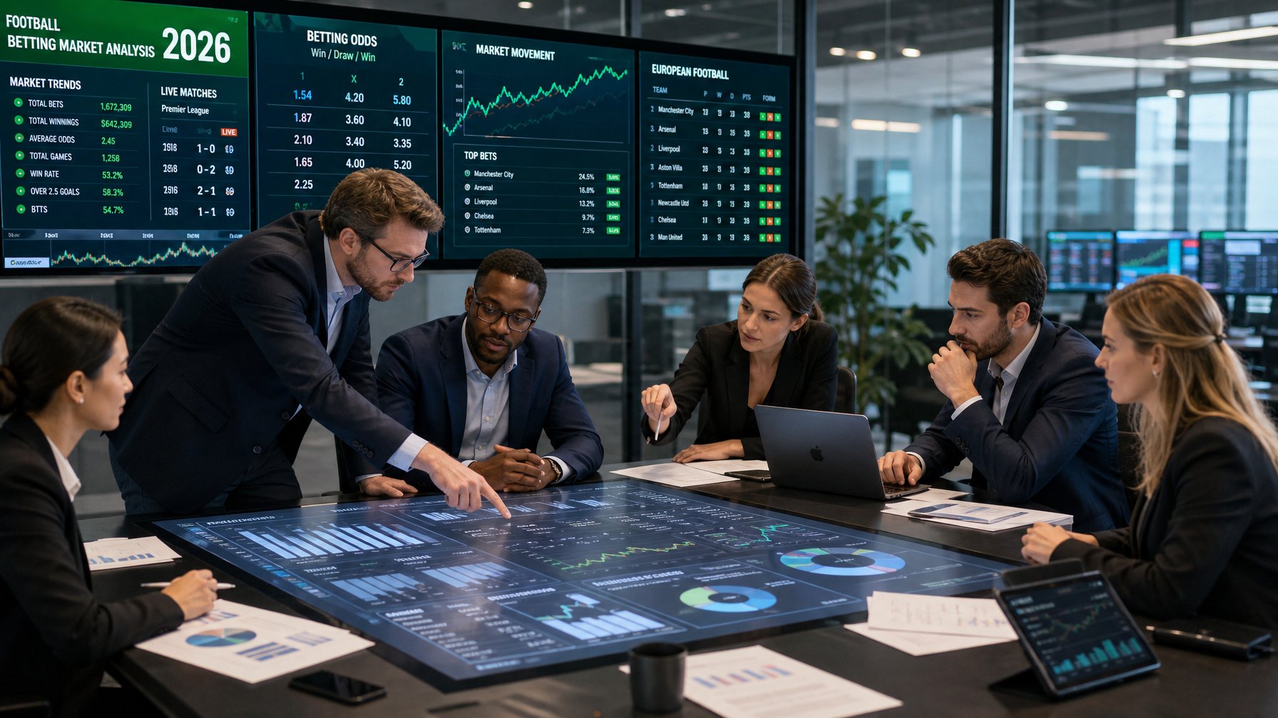 Sekelompok profesional sedang berdiskusi di ruang kantor dengan layar digital besar yang menampilkan data dan grafik terkait pasar taruhan bola.