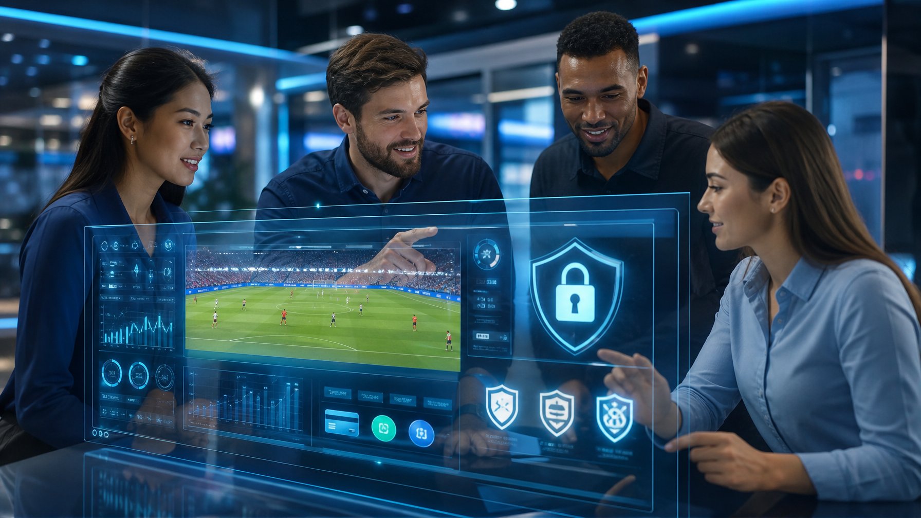 Sekelompok orang dewasa sedang menggunakan layar digital besar untuk melihat statistik pertandingan sepak bola dalam suasana kantor modern yang aman dan terpercaya.