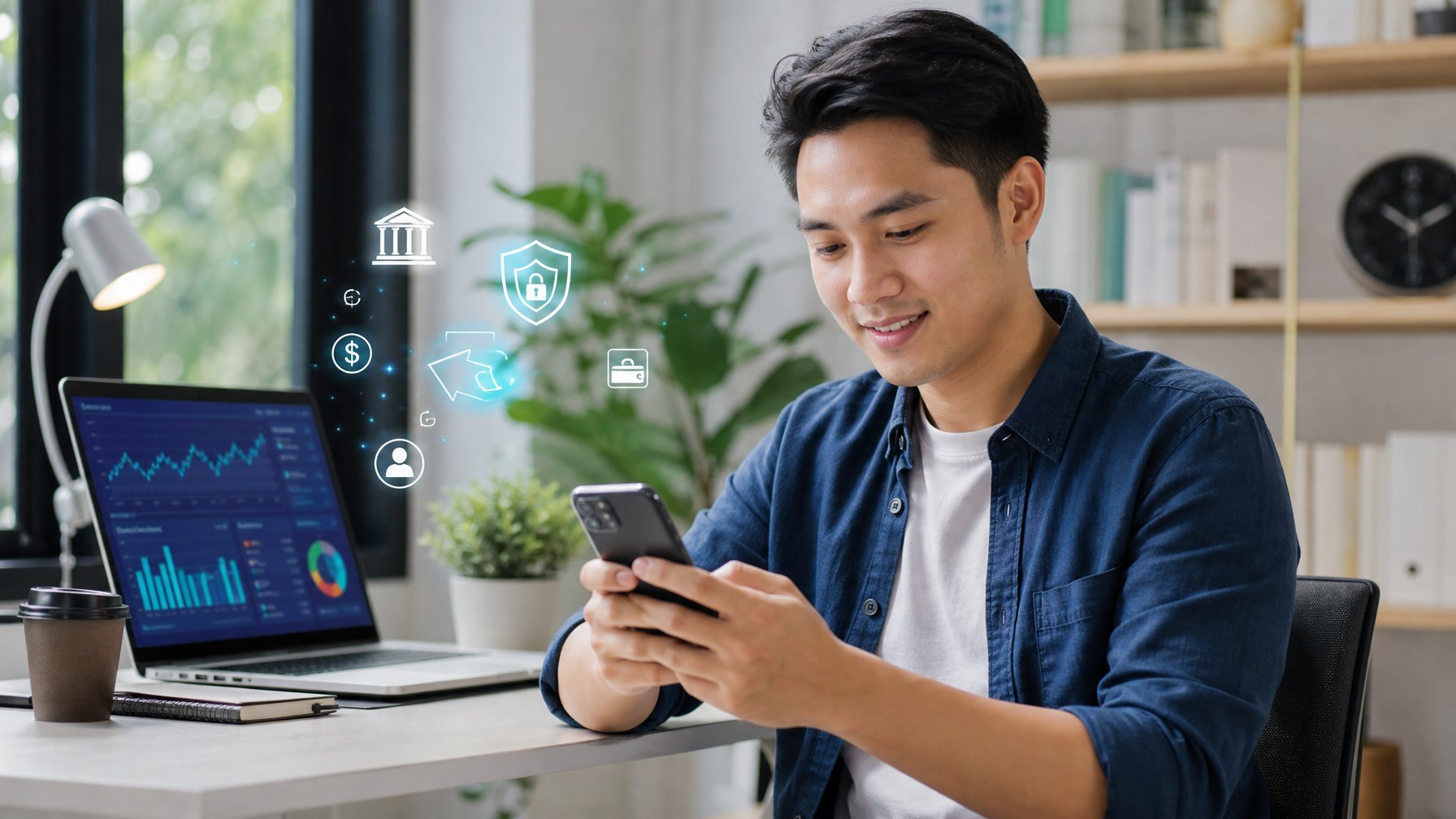 Seorang pria muda menggunakan smartphone di meja kerja dengan laptop terbuka di ruangan yang terang dan rapi.