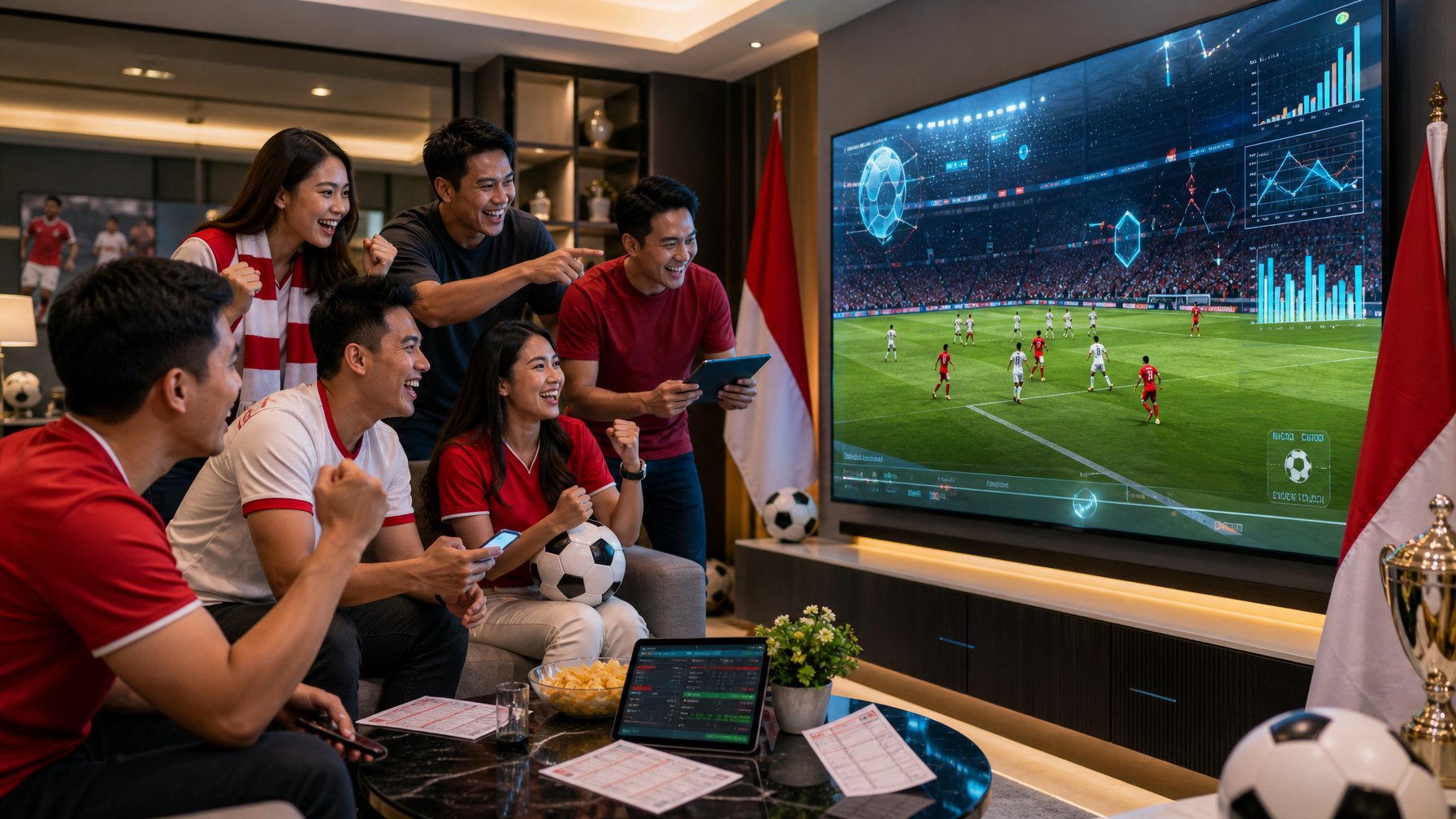 Sekelompok orang muda yang antusias menonton pertandingan sepak bola di layar besar dalam ruangan modern, menunjukkan kegembiraan dan kebersamaan.