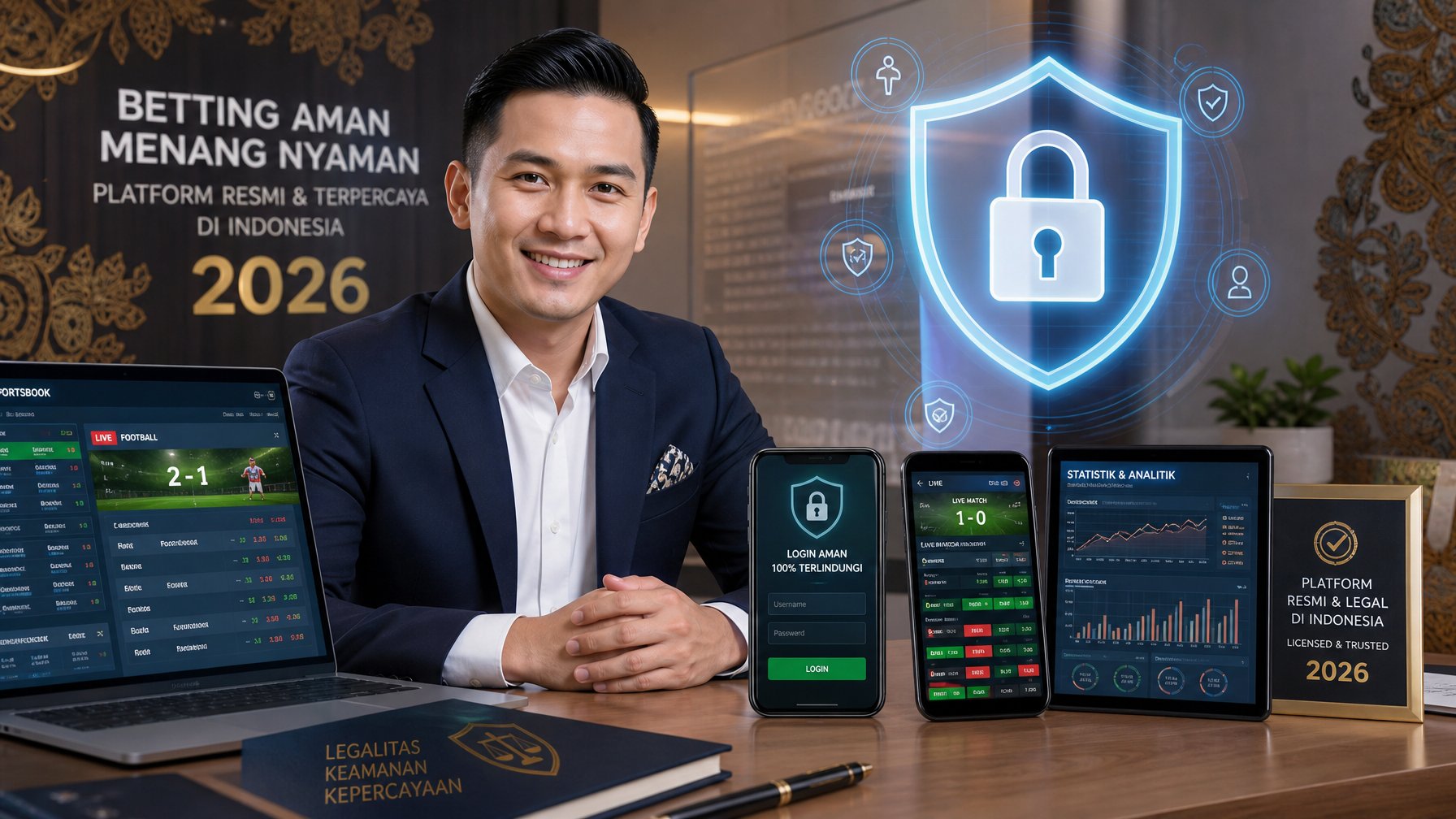 Seorang pria profesional duduk di meja kantor dengan perangkat digital yang menampilkan grafik dan layar keamanan, menggambarkan keamanan dan legalitas platform taruhan bola di Indonesia.