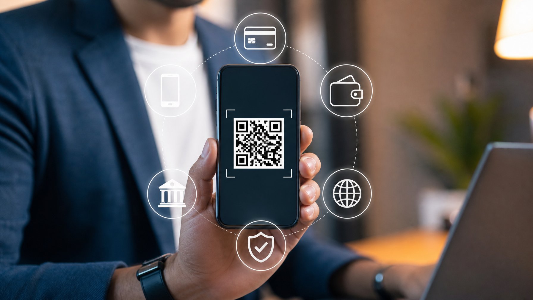Seseorang memegang ponsel dengan kode QR di layar untuk pembayaran digital, dengan ikon metode pembayaran di latar belakang.