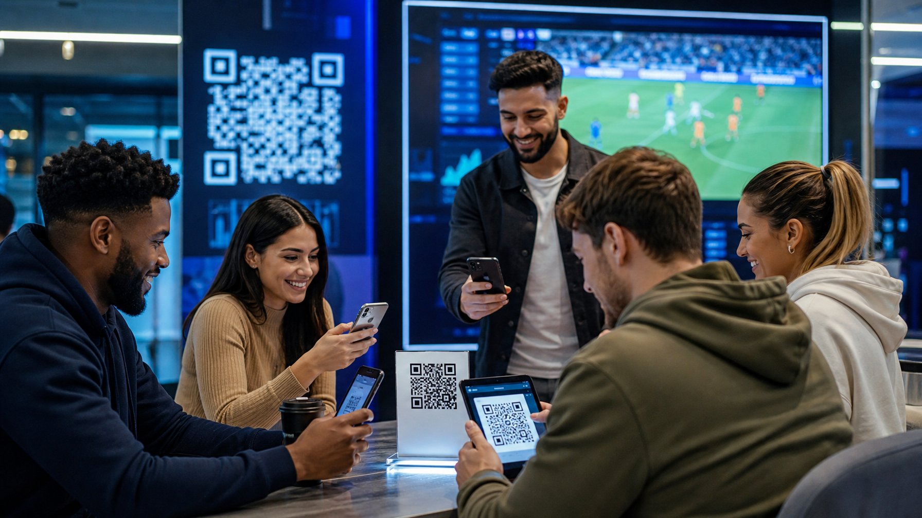 Sekelompok orang muda menggunakan ponsel dan tablet untuk melakukan pembayaran digital dengan kode QR di ruang dalam yang terang.