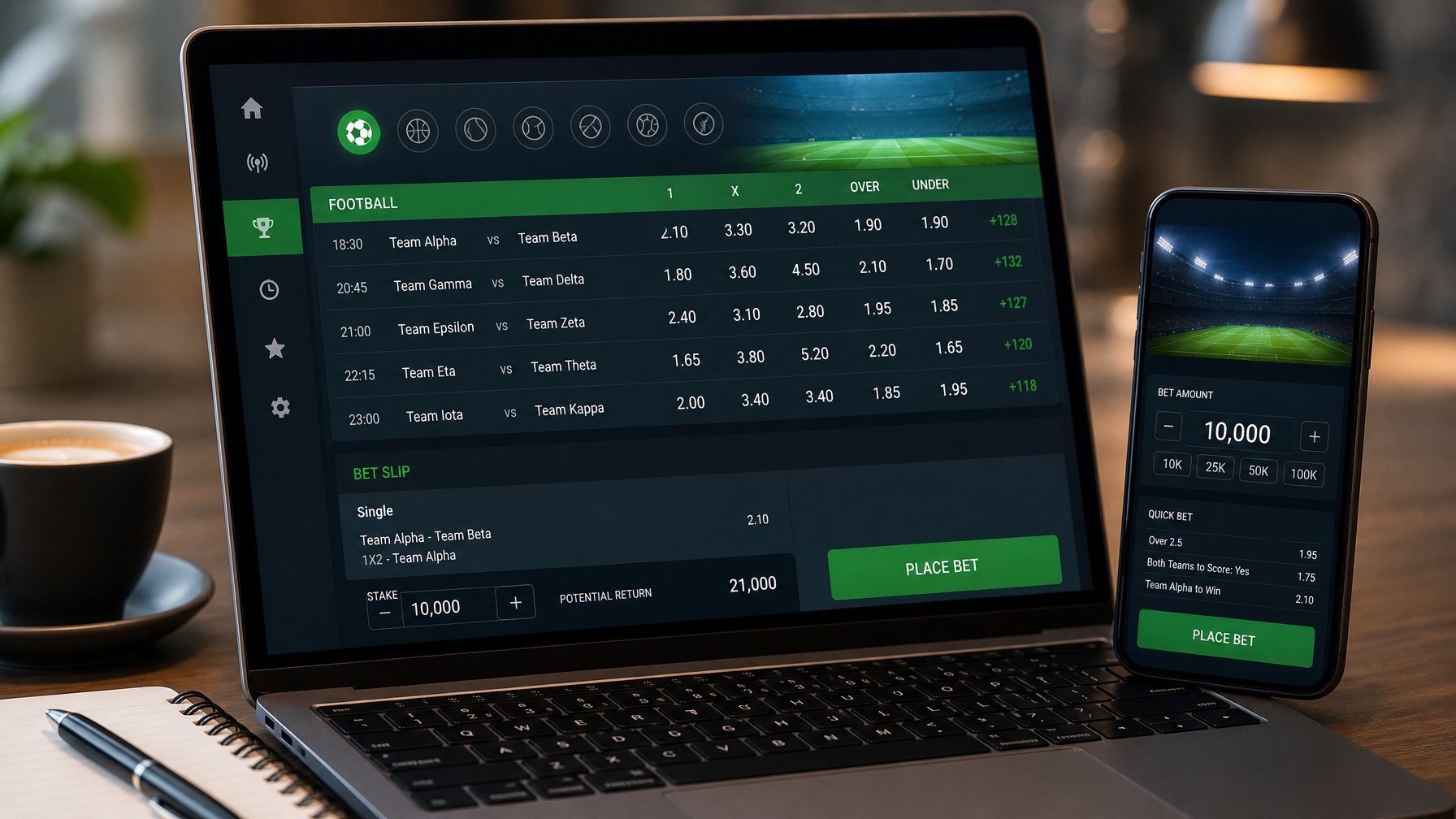 Seseorang menggunakan perangkat digital untuk memasang taruhan bola dengan antarmuka taruhan yang jelas dan profesional.