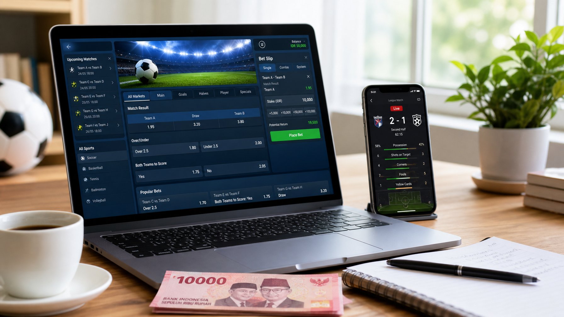 Seseorang menggunakan laptop di meja kerja dengan tampilan platform taruhan sepak bola online, di sekitar meja terdapat smartphone, secangkir kopi, dan alat tulis.