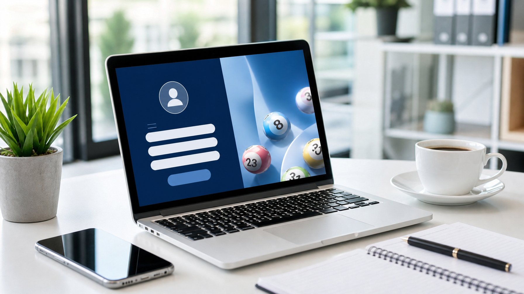 Seorang pria duduk di depan laptop di meja kerja yang rapi, sedang mendaftar akun togel online dengan suasana kantor yang terang dan teratur.