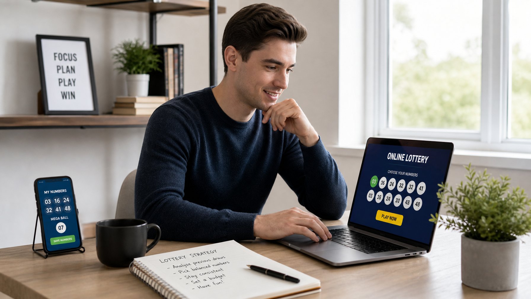 Seorang dewasa muda duduk di meja modern menggunakan laptop untuk bermain togel online dengan ekspresi fokus dan percaya diri.
