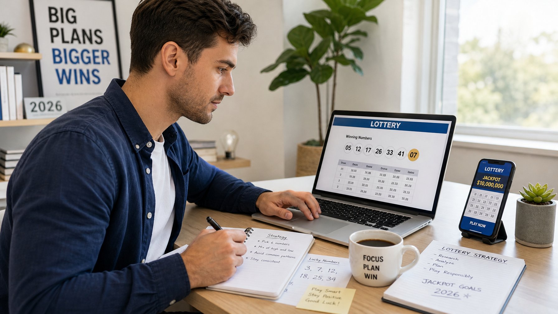 Seorang dewasa muda sedang duduk di meja dengan laptop dan smartphone, fokus menganalisis angka togel online.