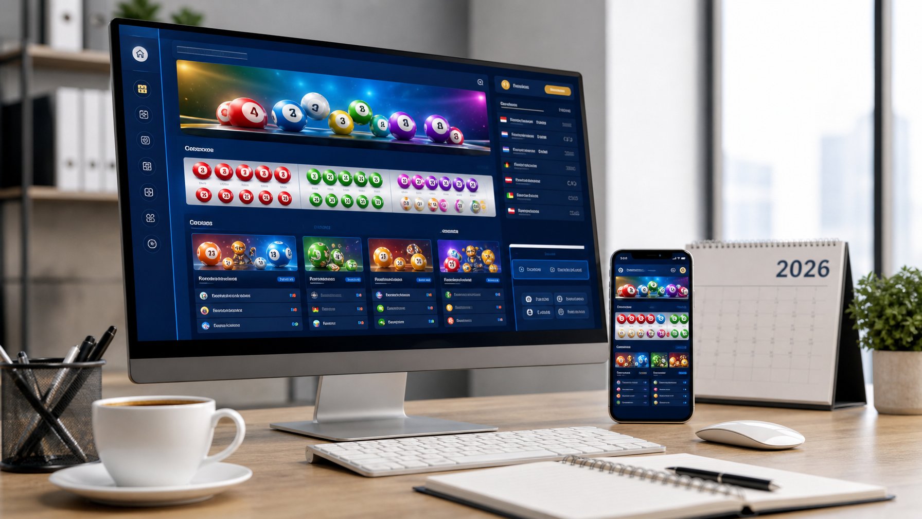 Meja kerja modern dengan komputer dan ponsel yang menampilkan situs togel online, dilengkapi kalender tahun 2026, cangkir kopi, dan alat tulis.