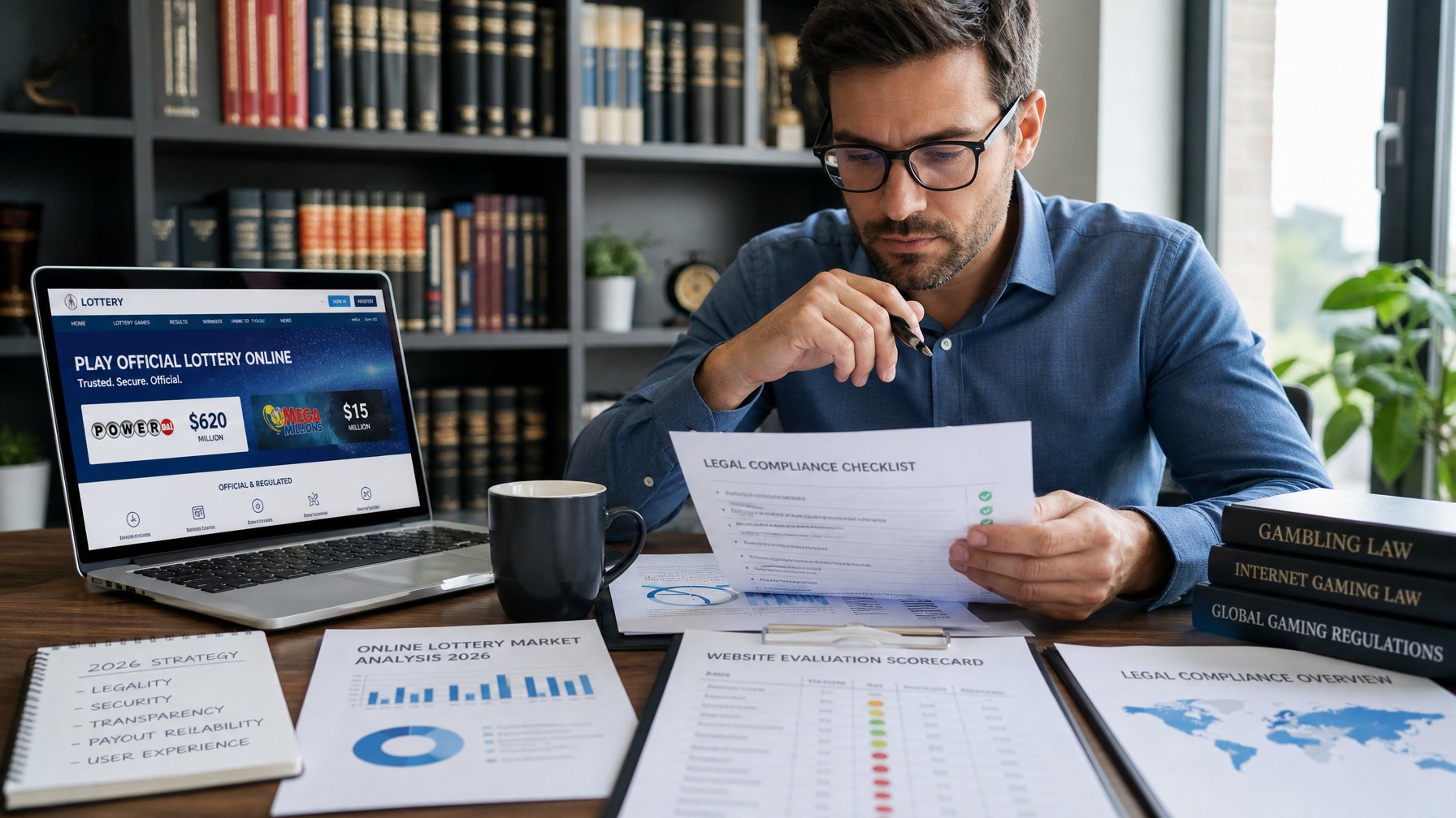 Seorang pria sedang meninjau dokumen dan laptop di meja kerja yang rapi, fokus pada evaluasi situs togel online resmi.