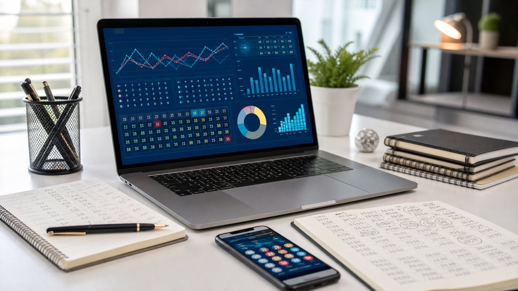 Sebuah ruang kerja modern dengan laptop yang menampilkan grafik dan data prediksi togel, dikelilingi oleh buku catatan dan ponsel di atas meja yang rapi.