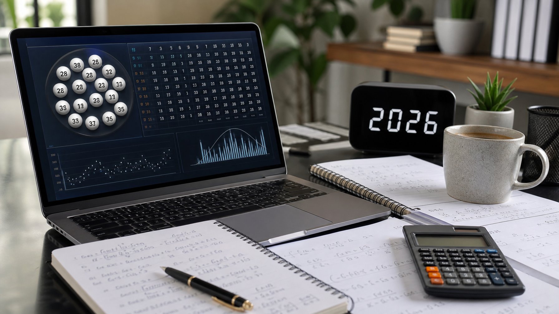Meja kerja dengan laptop yang menampilkan data dan grafik prediksi togel, kalkulator, buku catatan dengan rumus, dan alat tulis di sekitarnya.