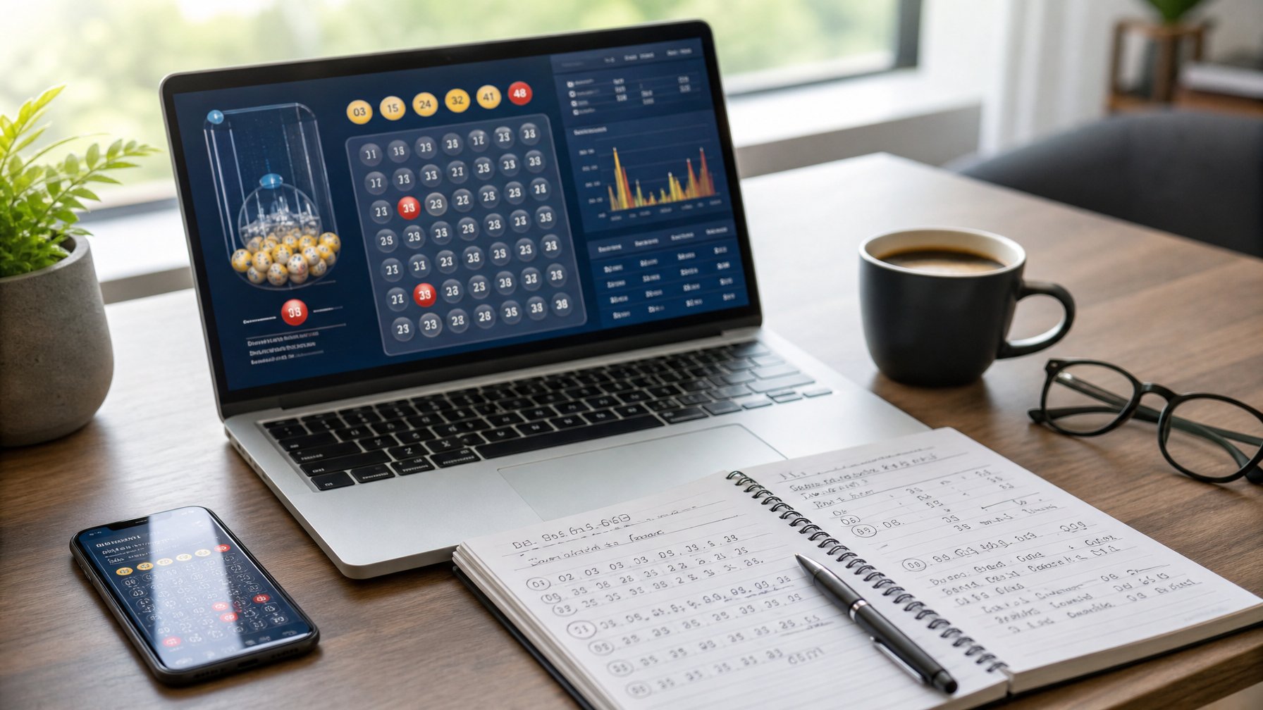 Meja kerja dengan laptop dan ponsel yang menampilkan aplikasi togel online, buku catatan dengan strategi, dan cangkir kopi.