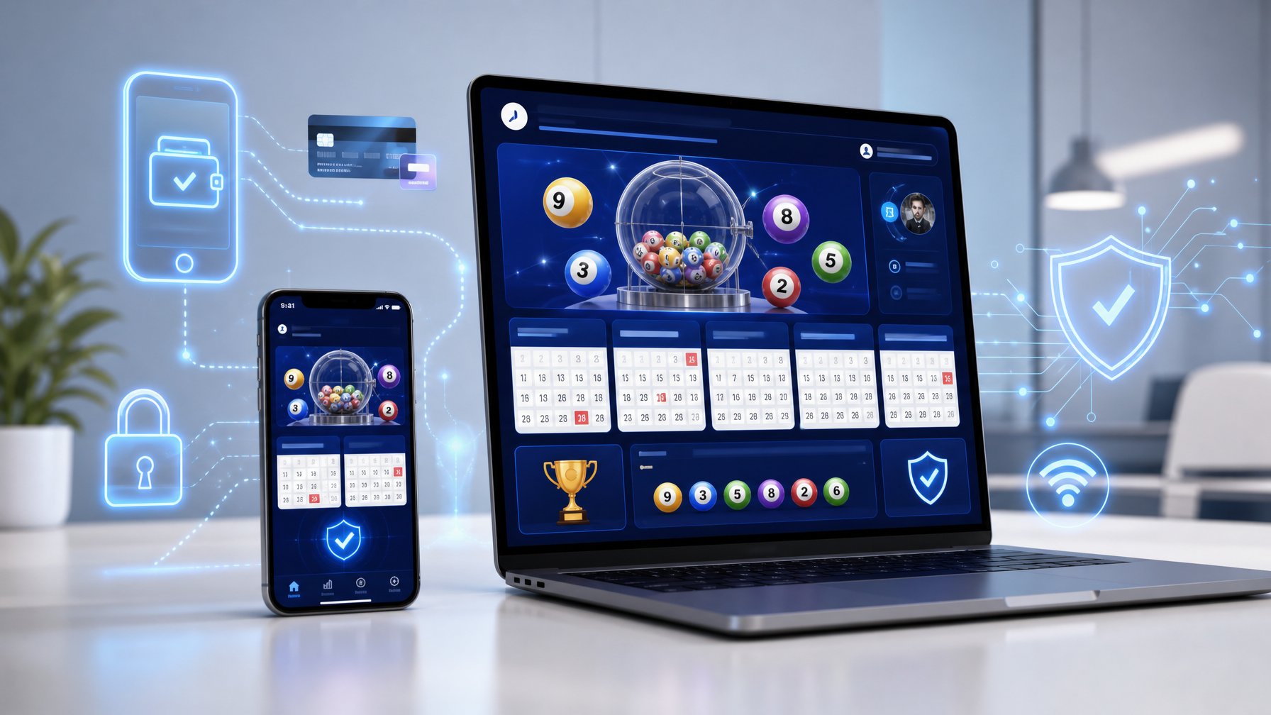 Seseorang menggunakan perangkat digital di meja kerja yang modern dengan ikon pembayaran dan simbol keamanan di sekitarnya.