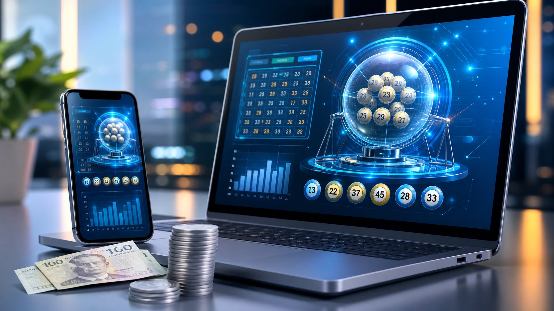 Sebuah perangkat digital menampilkan antarmuka lotere online dengan koin kecil di sekitarnya, menggambarkan konsep taruhan minimal 100 rupiah.