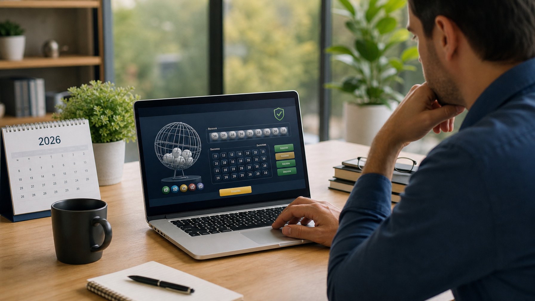 Seorang pria duduk di depan laptop di meja kerja modern, melihat layar yang menampilkan platform lotere online dengan suasana tenang dan fokus.