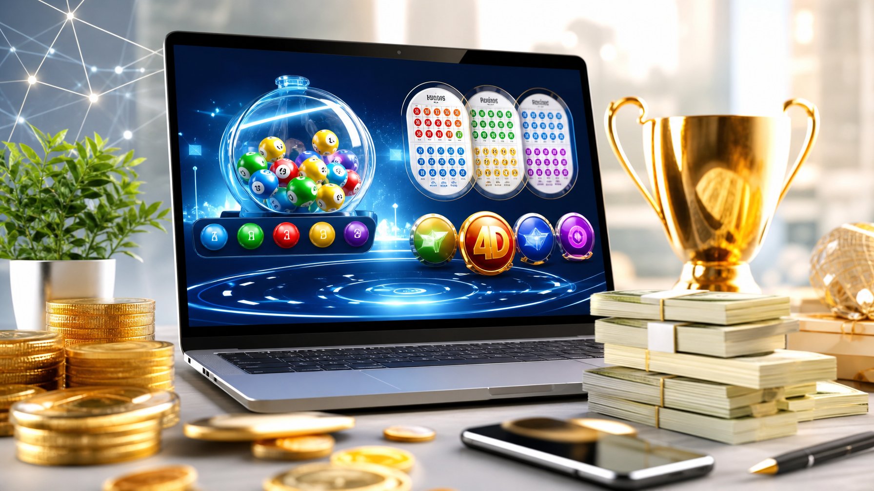 Seorang profesional menggunakan laptop dengan tampilan antarmuka lotere online dan simbol hadiah besar di meja kerja modern.